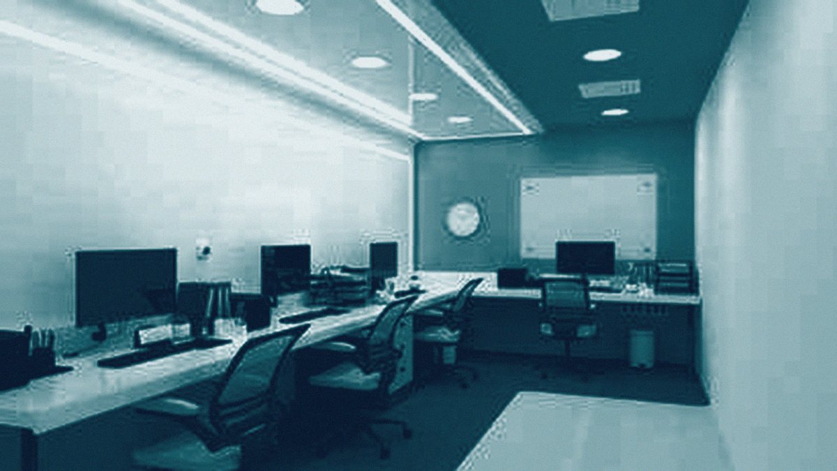 A rendered interior of a modern clinical workspace.